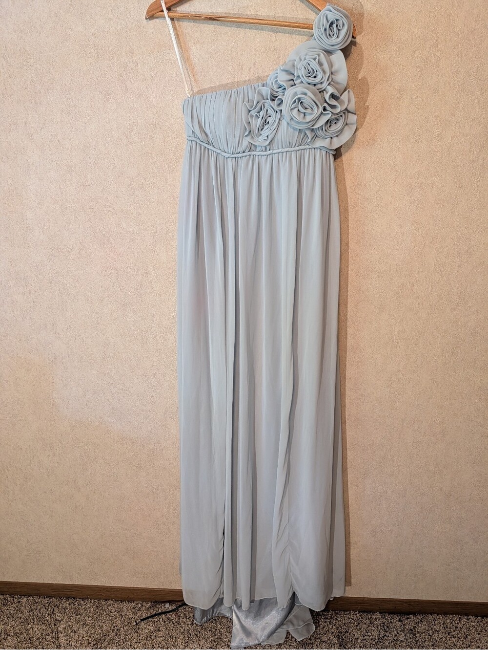 BARI JAY Bridesmaids sage green rosette one shoulder maxi dress sz 8
